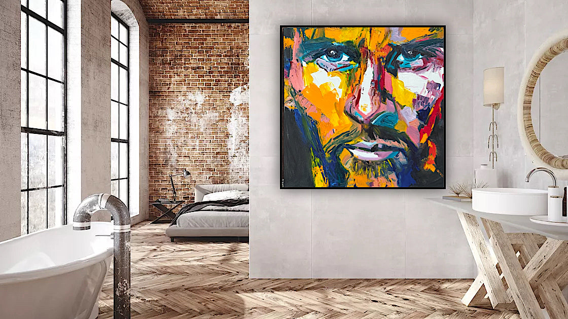 Original Abstract mixed media oil Painting On Canvas 50x50cm male portrait ‘Alejandro’ oka