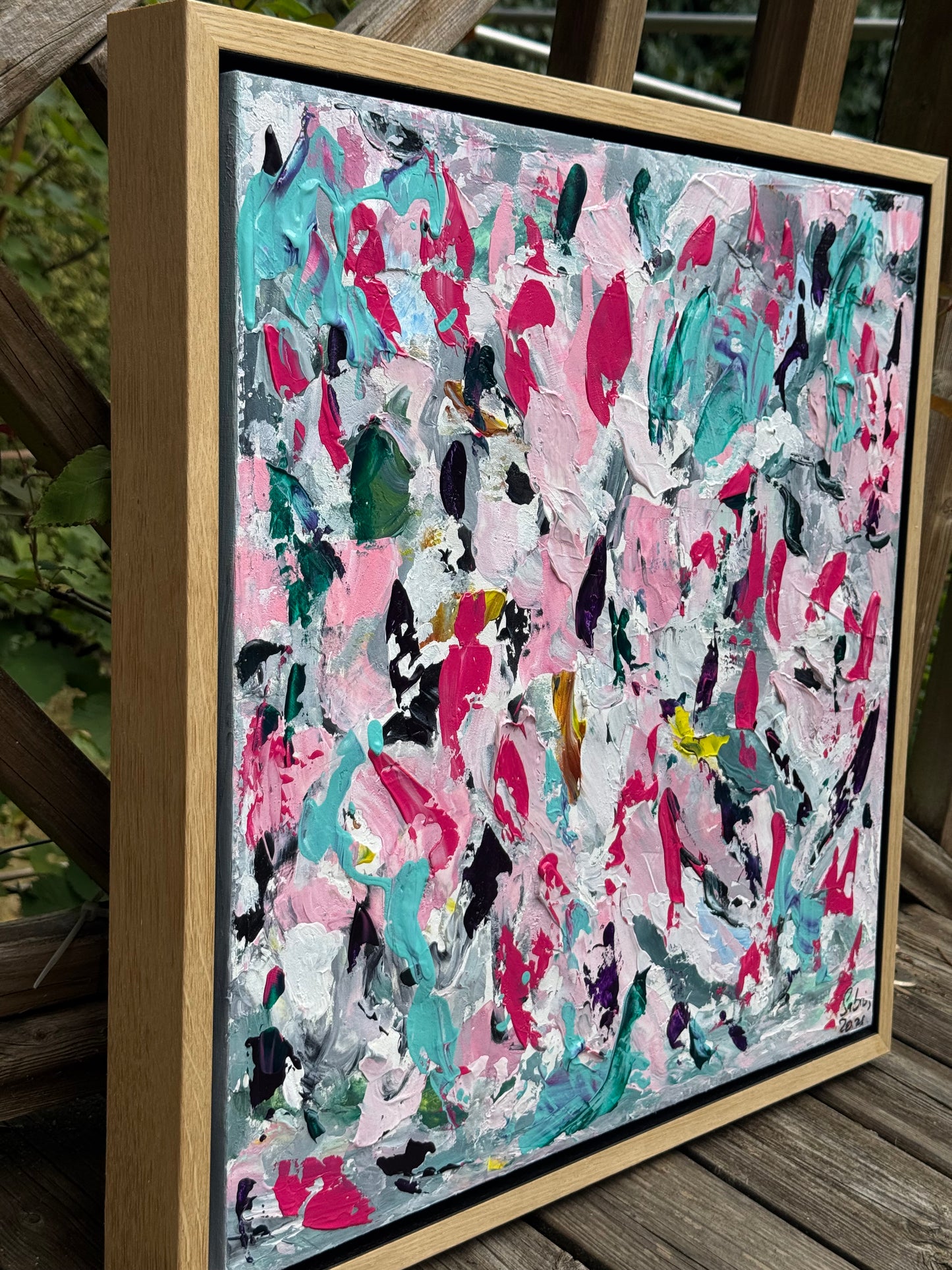 Abstract Original Oil Painting On 50x50cm canvas textured Painting ‘Summer Garden’ Oka framed in solid oak frame