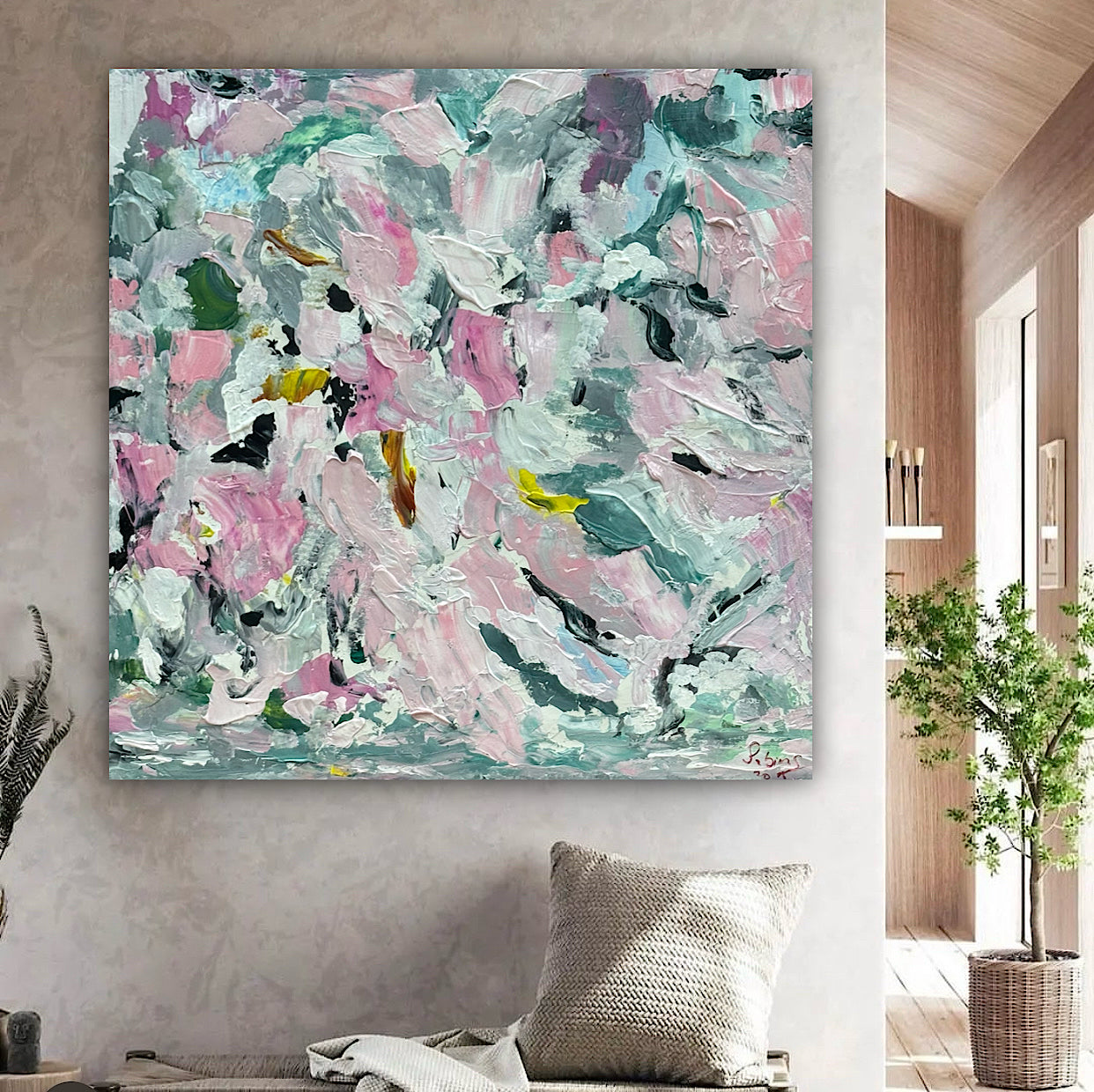 Large Abstract Original Oil Painting On 50x50cm canvas textured Painting ‘Pink Fusion’ Oka framed in solid oak frame