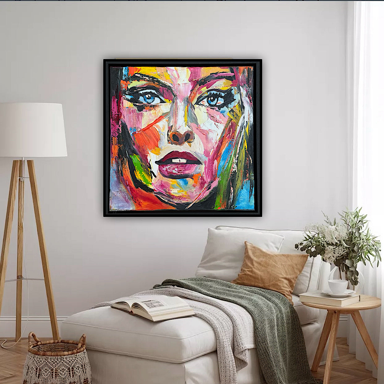 Framed in black frame Original Abstract contemporary Oil Painting On Canvas 54 x 54cm Wild Muse woman portrait