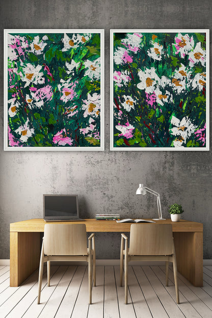 Original Abstract Oil Painting On Canvas board 60 x 50cm garden white flowers I Oka