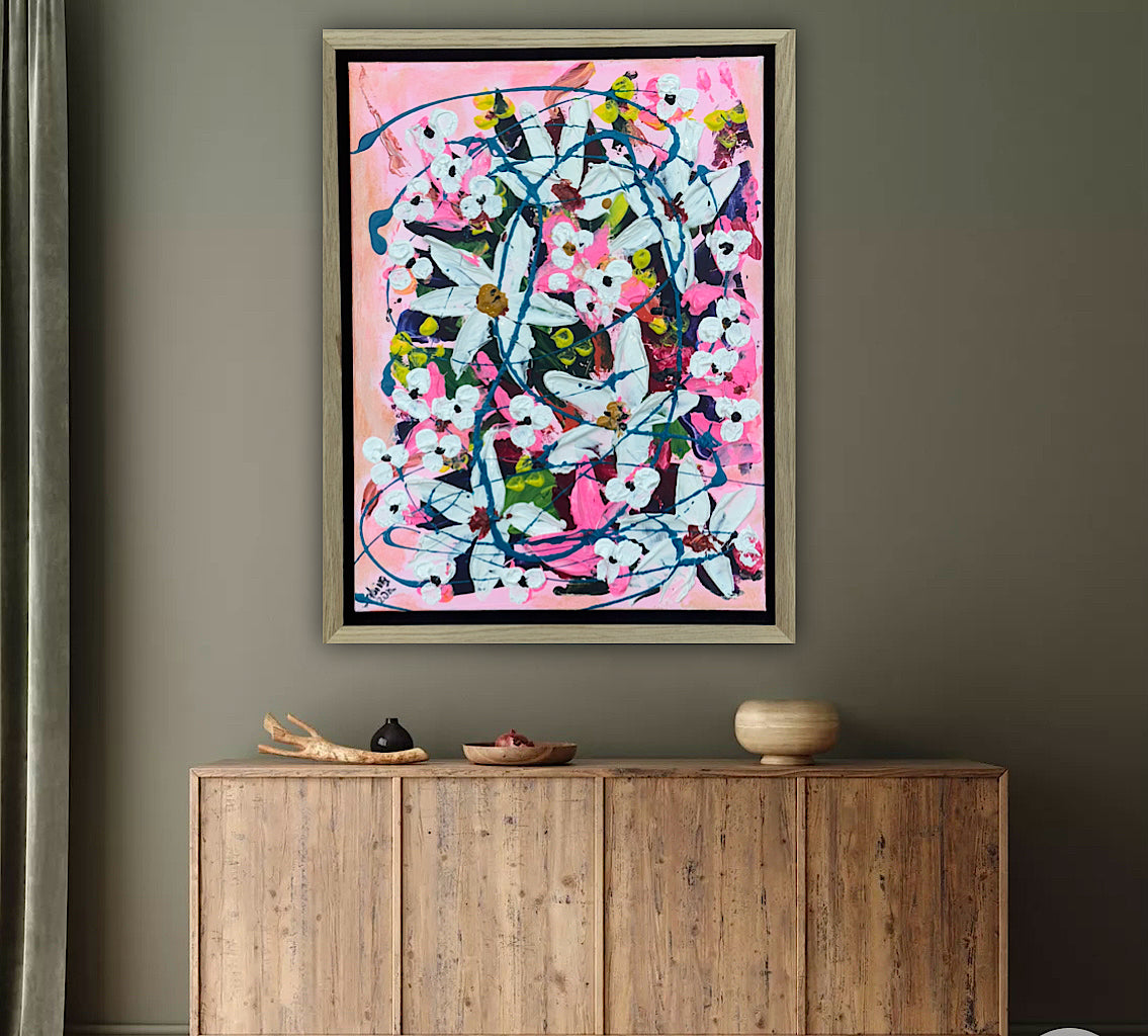 Framed Original Abstract contemporary Oil Painting On Canvas 40 x 30cm white Flowers Oka