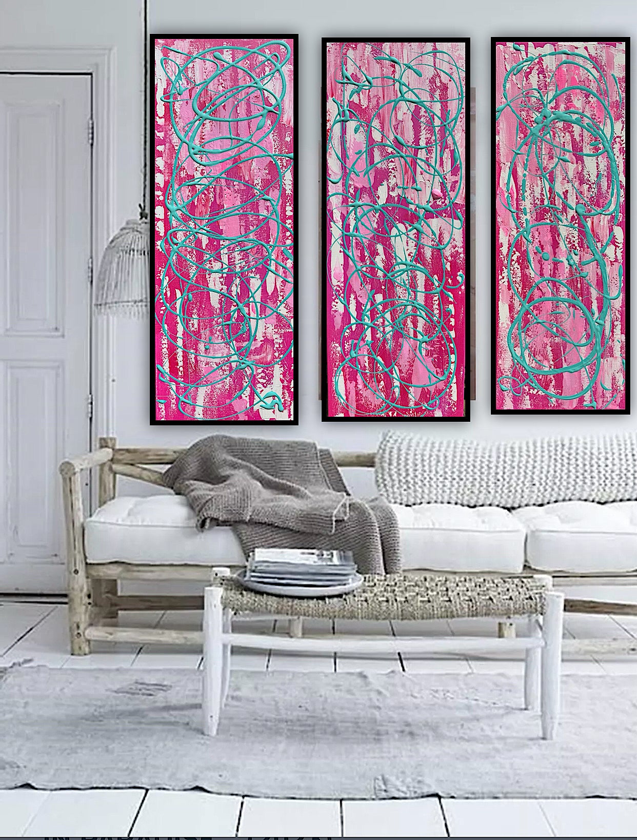 Oka set of 3 Modern Abstract Original Oil Paintings On Canvas ‘’Japan blossom’ 80 x 90 cm overall