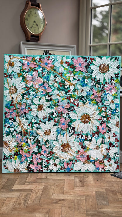 Original Abstract Oil Painting On deep edge Canvas 100x100cm Daisies & more Flowers Textured