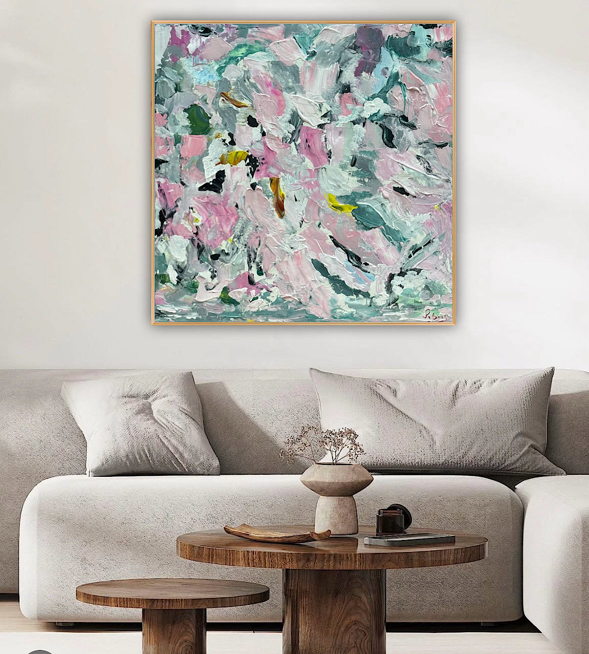 Large Abstract Original Oil Painting On 50x50cm canvas textured Painting ‘Pink Fusion’ Oka framed in solid oak frame