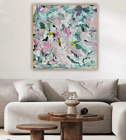 Large Abstract Original Oil Painting On 50x50cm canvas textured Painting ‘Pink Fusion’ Oka framed in solid oak frame