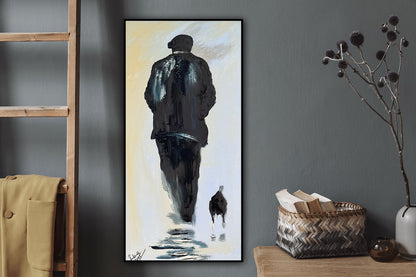 Oka Contemporary Abstract Original Oil Painting 30cm x 60cm textured Pals man with a dog