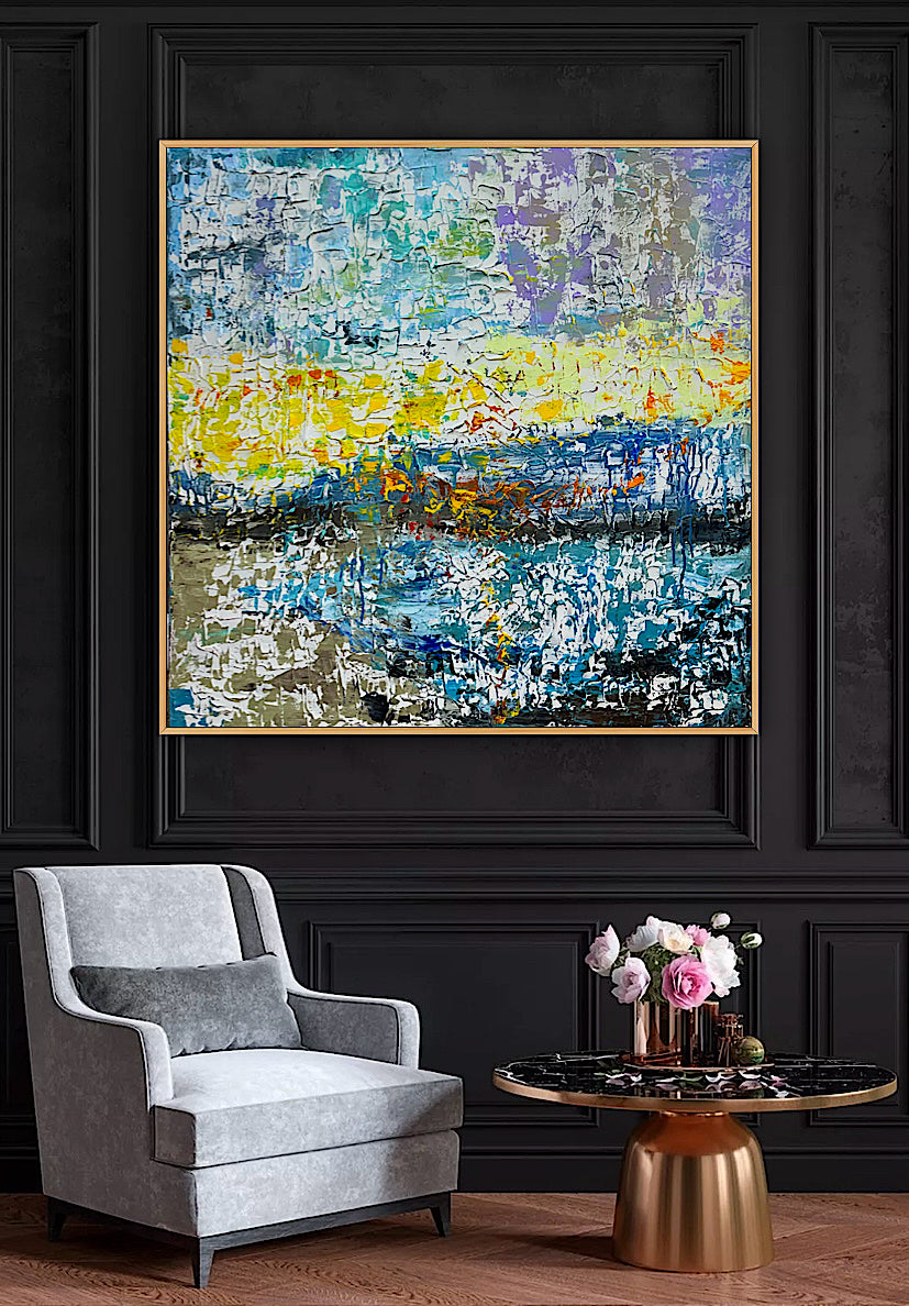 Original Abstract Oil Painting On Canvas Textured 100x100cm  Tides of Radiance (seaside)