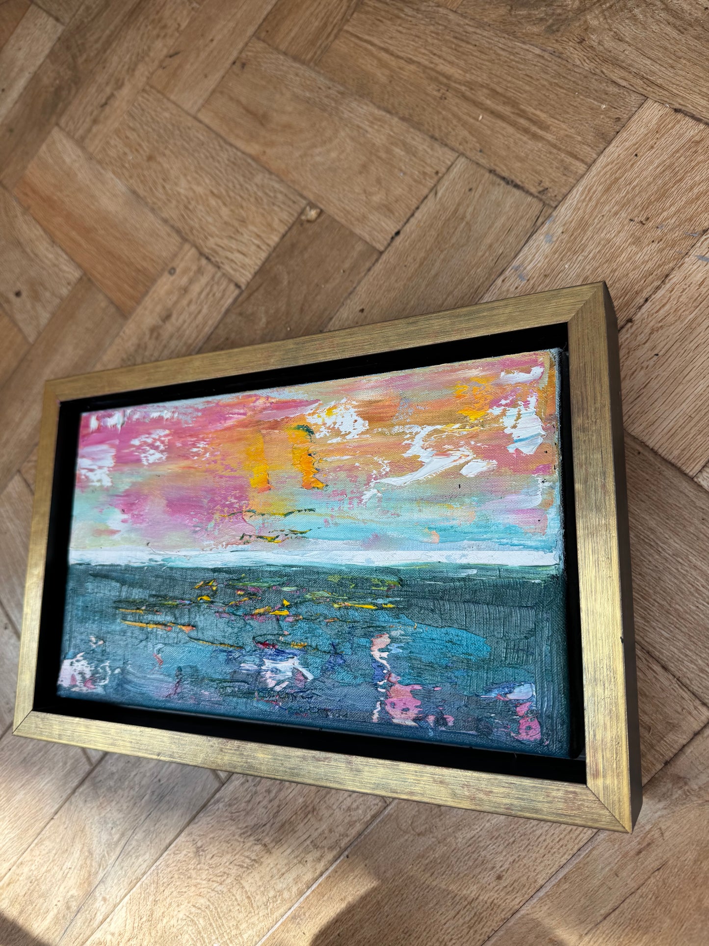 Framed in gold Original Abstract contemporary Oil Painting On Canvas 36x23cm textured Rose Gold sea