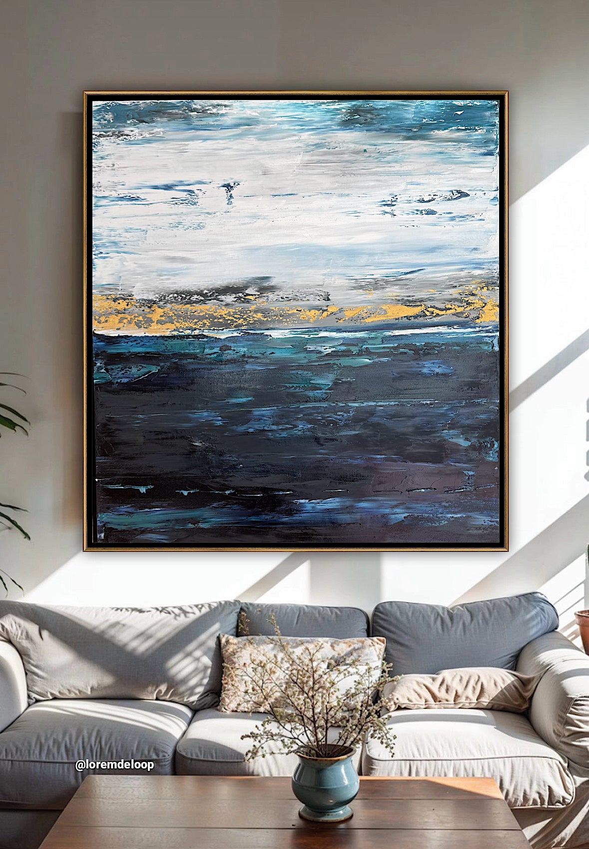 Framed in gold oak frame Original Abstract contemporary Oil Painting On Canvas 77x70cm  textured Oka Coastal Line