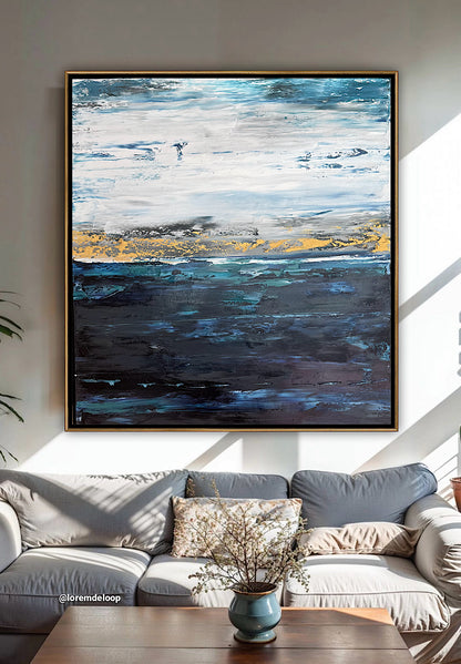 Framed in gold oak frame Original Abstract contemporary Oil Painting On Canvas 77x70cm  textured Oka Coastal Line