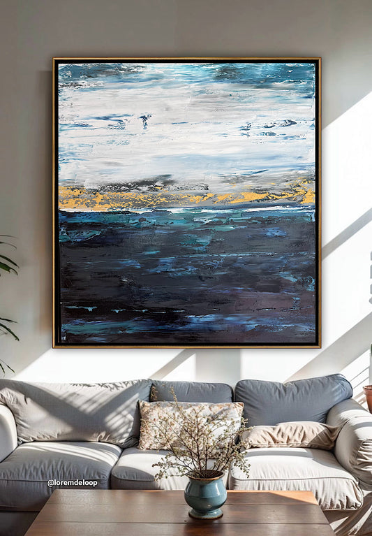 Framed in gold oak frame Original Abstract contemporary Oil Painting On Canvas 77x70cm  textured Oka Coastal Line