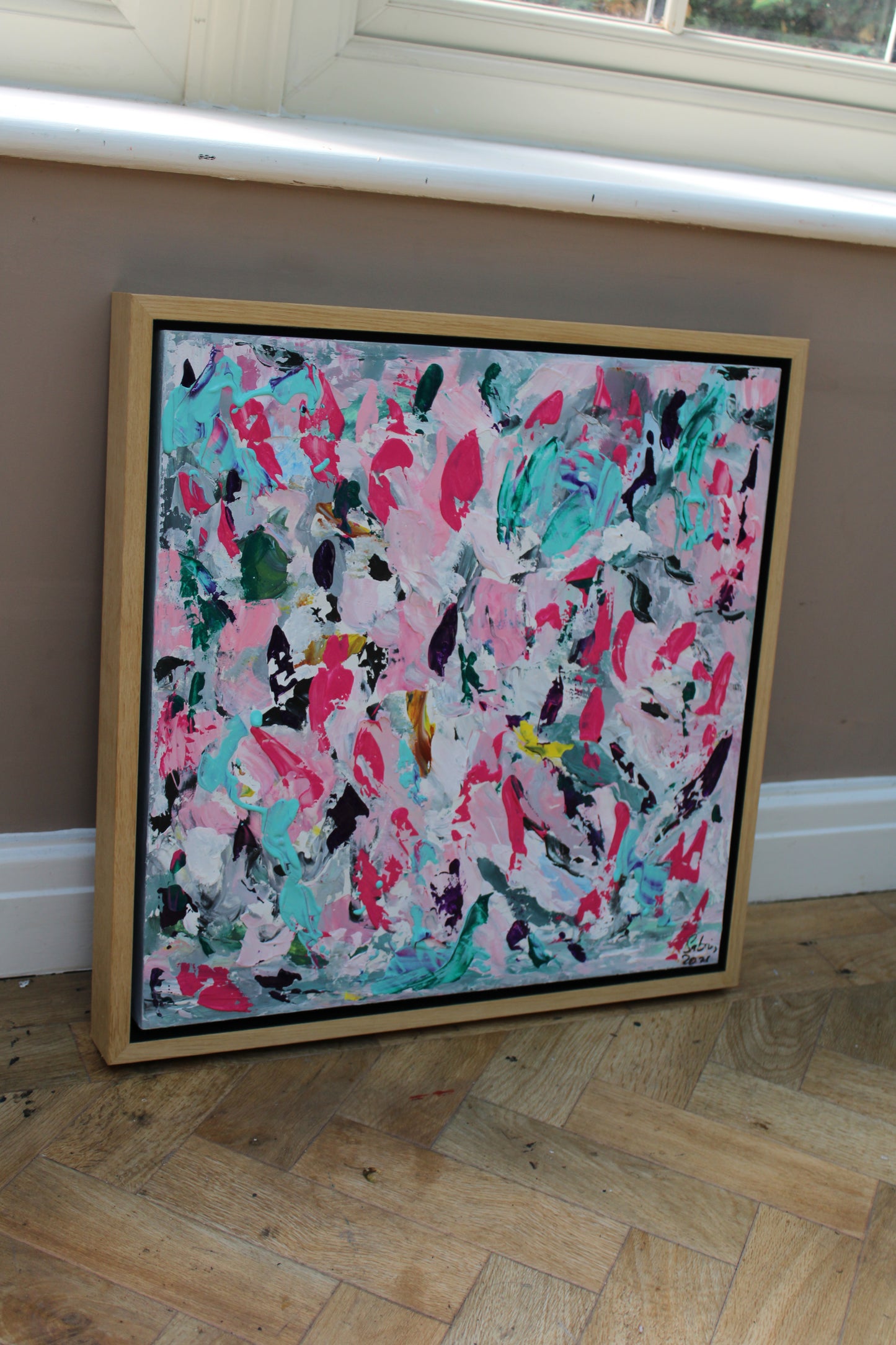 Abstract Original Oil Painting On 50x50cm canvas textured Painting ‘Summer Garden’ Oka framed in solid oak frame