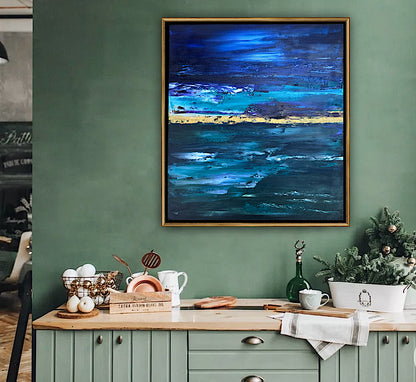 Framed in gold oak frame Original Abstract contemporary Oil Painting On Canvas 55x50cm  textured Oka Night Ocean