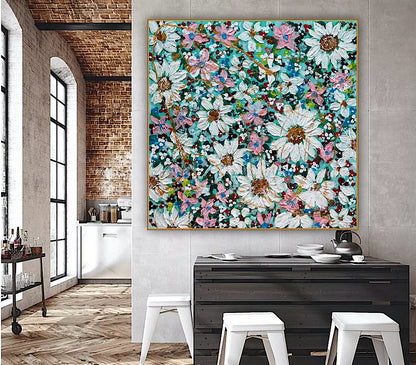 Original Abstract Oil Painting On deep edge Canvas 100x100cm Daisies & more Flowers Textured