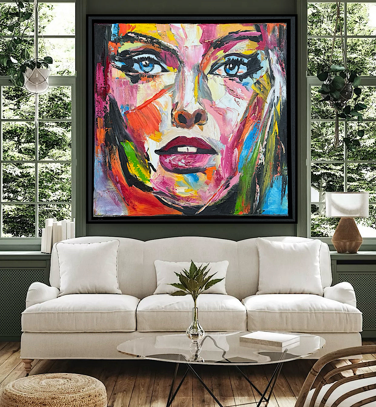 Framed in black frame Original Abstract contemporary Oil Painting On Canvas 54 x 54cm Wild Muse woman portrait