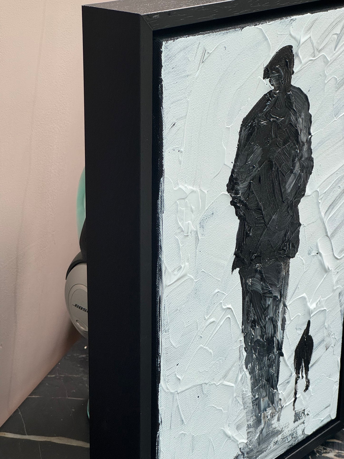 Framed Original Contemporary Abstract Oil Painting On Canvas 42cm x 29cm ‘ Pals’ man with a dog