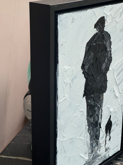 Framed Original Contemporary Abstract Oil Painting On Canvas 42cm x 29cm ‘ Pals’ man with a dog