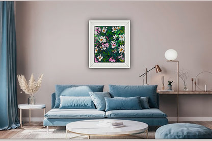 Original Abstract Oil Painting On Canvas board 60 x 50cm garden white flowers II Oka