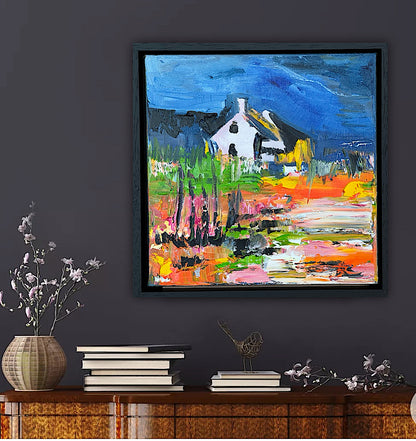 Framed in black frame Original Abstract contemporary Oil Painting On Canvas 32 x 32cm Irish cottage