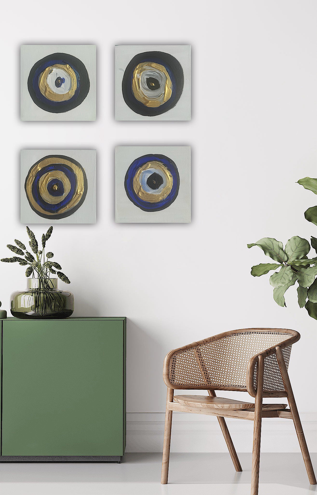 Oka set of 4 Modern Abstract Original Oil Paintings On Canvas ‘Evil Eye’  15x15cm each Nazar