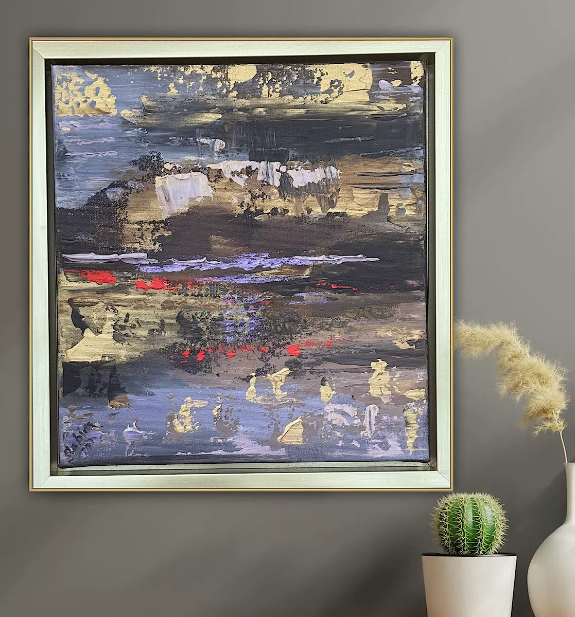 Framed Original Abstract contemporary Oil Painting On Canvas 35x35cm Sunset at lakes Oka