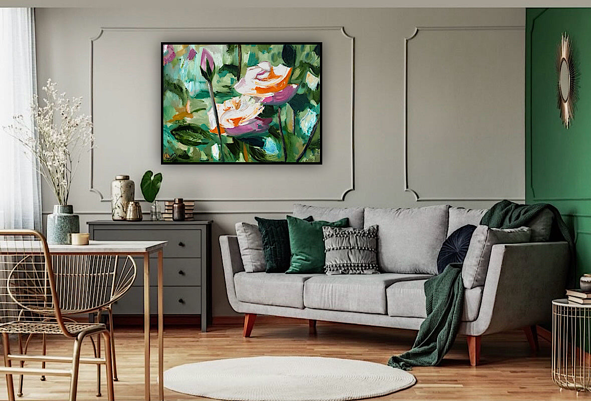 Renoir Summer white Roses Original abstract Oil Painting On Canvas 60x46cm