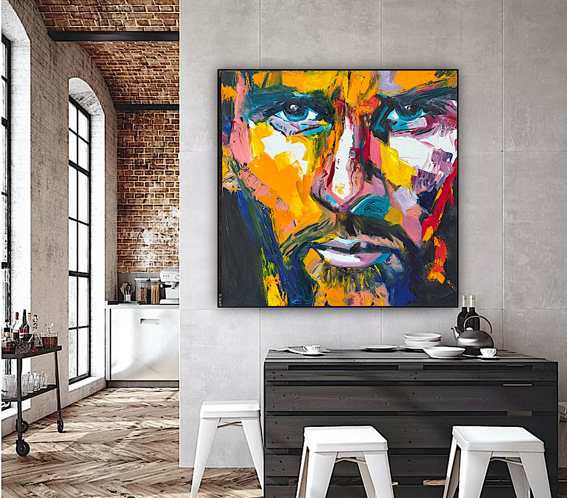 Original Abstract mixed media oil Painting On Canvas 50x50cm male portrait ‘Alejandro’ oka