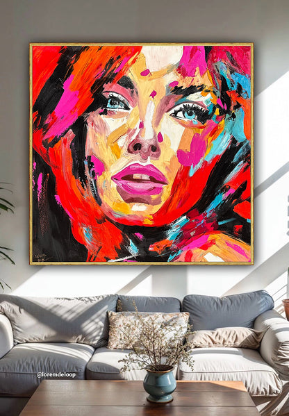 Richter Style Abstract Original Oil Painting On 100 x 100cm canvas Red head  woman portrait