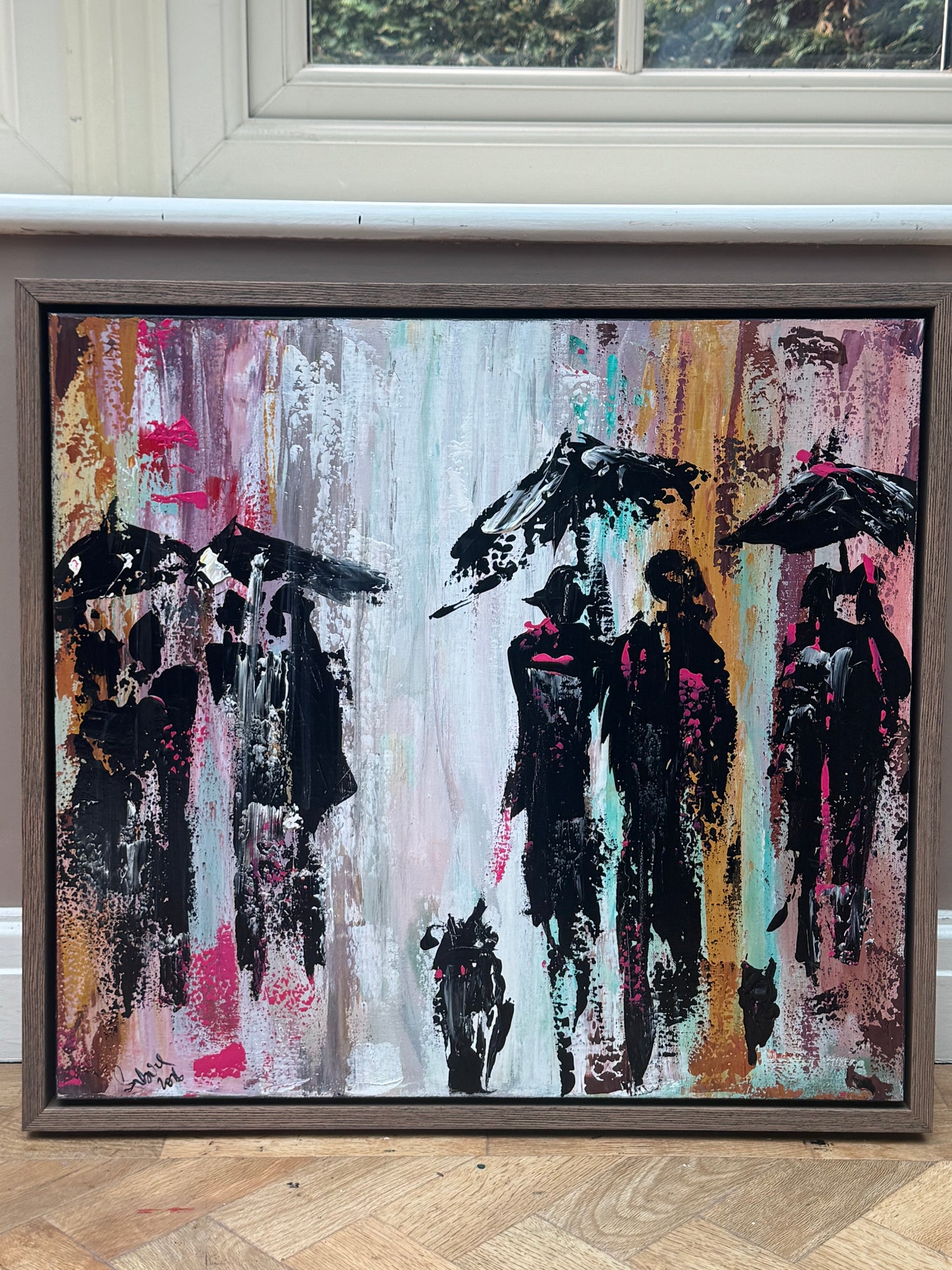 Original Abstract contemporary Oil Painting On Canvas 64cm x 60cm London in the Rain Framed in dark oak