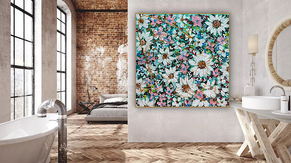 Original Abstract Oil Painting On deep edge Canvas 100x100cm Daisies & more Flowers Textured
