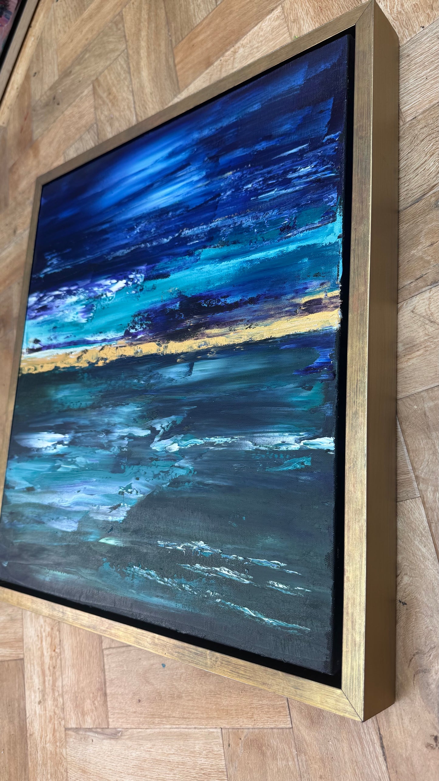 Framed in gold oak frame Original Abstract contemporary Oil Painting On Canvas 55x50cm  textured Oka Night Ocean