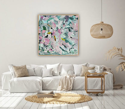 Large Abstract Original Oil Painting On 50x50cm canvas textured Painting ‘Pink Fusion’ Oka framed in solid oak frame