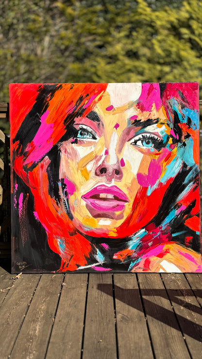 Richter Style Abstract Original Oil Painting On 100 x 100cm canvas Red head  woman portrait