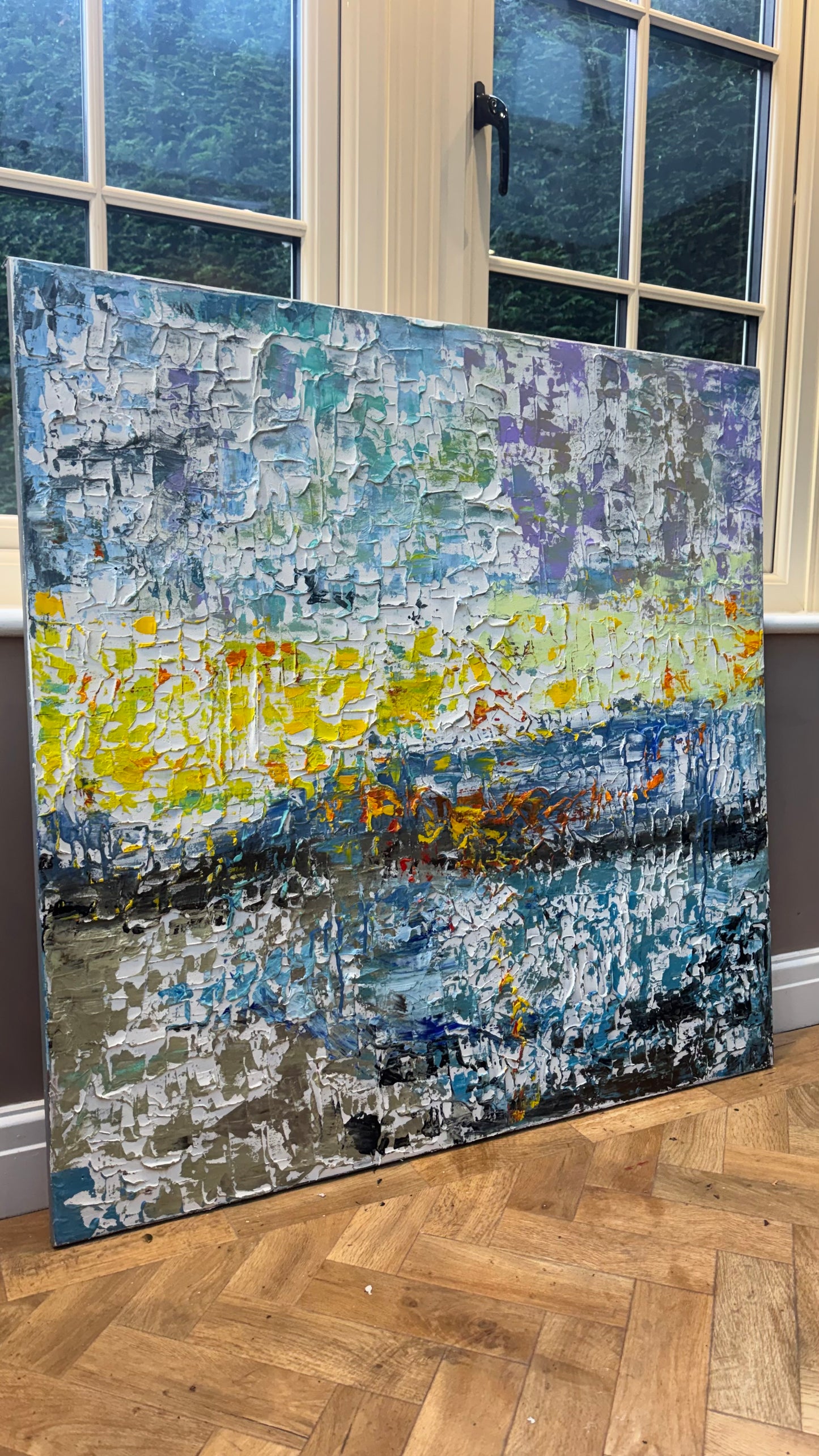 Original Abstract Oil Painting On Canvas Textured 100x100cm  Tides of Radiance (seaside)