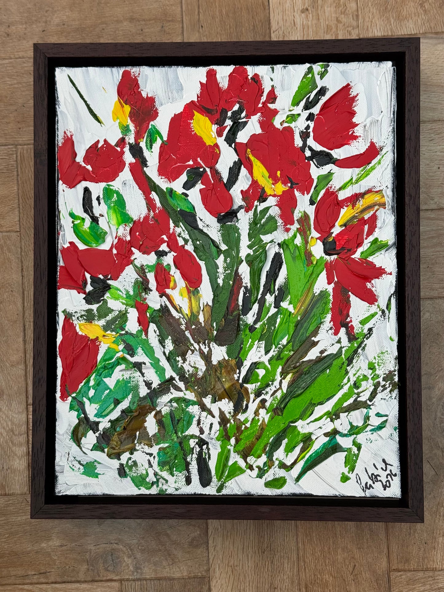 Framed Original Contemporary Abstract Oil Painting On Canvas 38 x 32cm ‘ Red Flowers