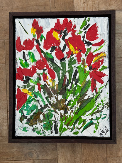 Framed Original Contemporary Abstract Oil Painting On Canvas 38 x 32cm ‘ Red Flowers
