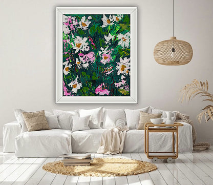Original Abstract Oil Painting On Canvas board 60 x 50cm garden white flowers II Oka