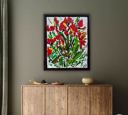 Framed Original Contemporary Abstract Oil Painting On Canvas 38 x 32cm ‘ Red Flowers