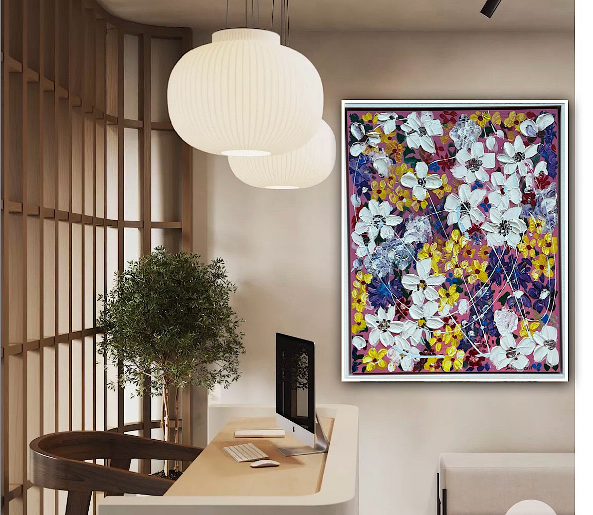 Framed Original Abstract Oil Painting On Canvas 80 x 65cm white flowers in bloom textured framed