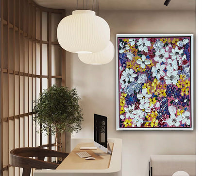 Framed Original Abstract Oil Painting On Canvas 80 x 65cm white flowers in bloom textured framed