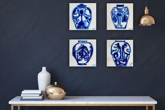 Oka set of 4 Modern Abstract Original Oil Paintings On Canvas Blue vases 15x15cm each
