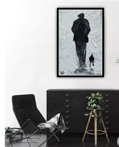 Framed Original Contemporary Abstract Oil Painting On Canvas 42cm x 29cm ‘ Pals’ man with a dog