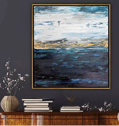 Framed in gold oak frame Original Abstract contemporary Oil Painting On Canvas 77x70cm  textured Oka Coastal Line