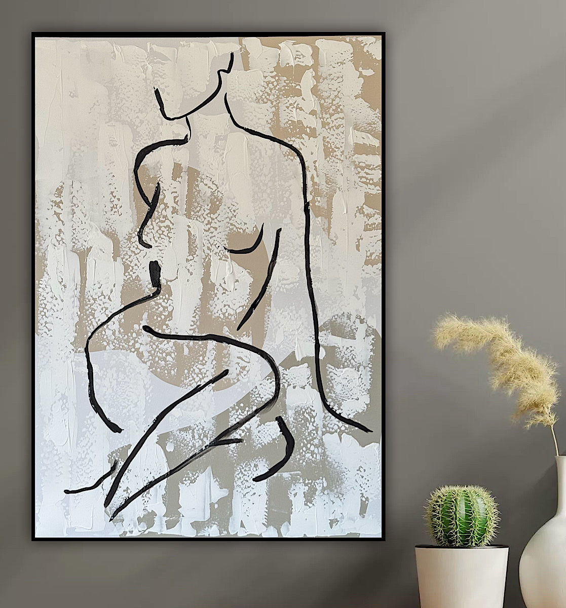 Framed in black Original Abstract contemporary Oil Painting On Canvas 70x50cm Nude textured Oka