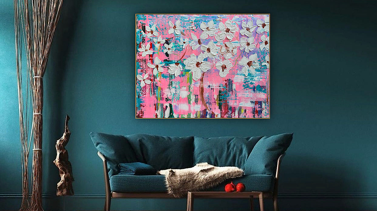 Large Abstract Original Oil Painting On 100x77cm canvas ‘White Flowers ’ vogue oka