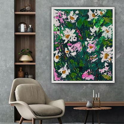 Original Abstract Oil Painting On Canvas board 60 x 50cm garden white flowers II Oka