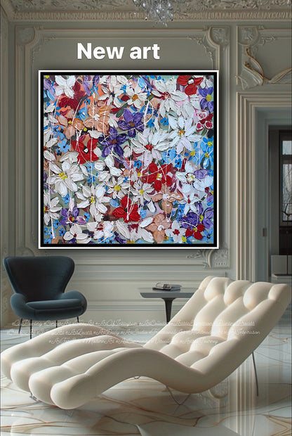 Framed Original Abstract Oil Painting On Canvas 80x80cm Roses & more Flowers Textured