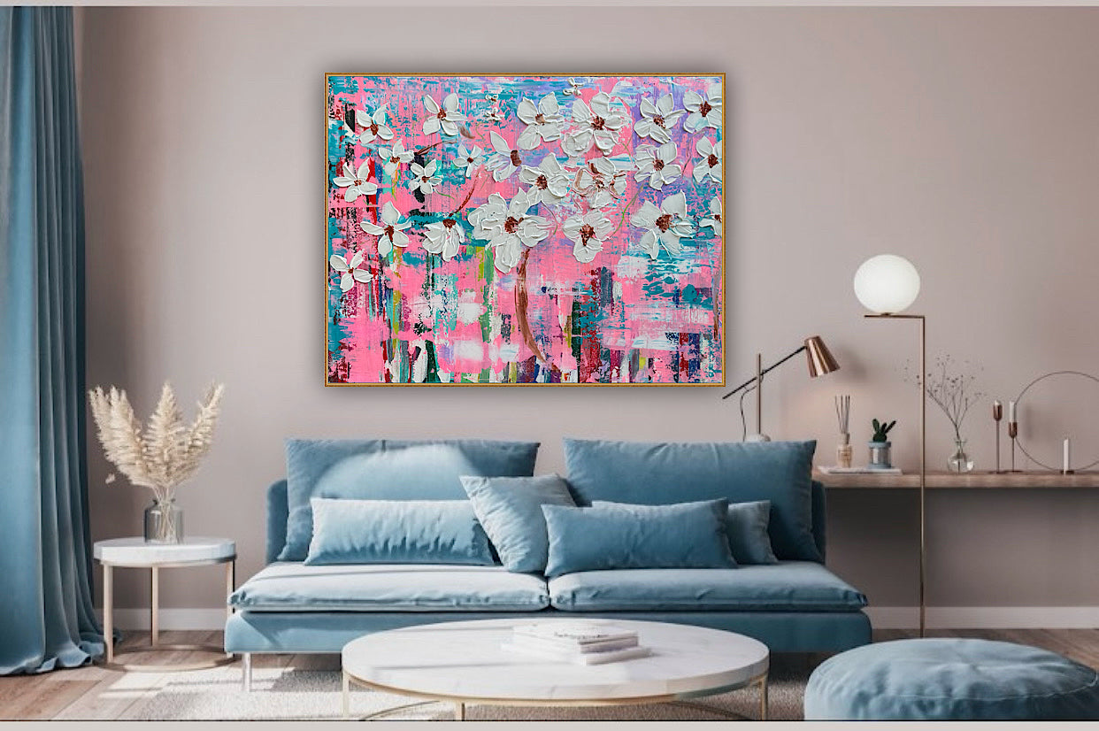 Large Abstract Original Oil Painting On 100x77cm canvas ‘White Flowers ’ vogue oka