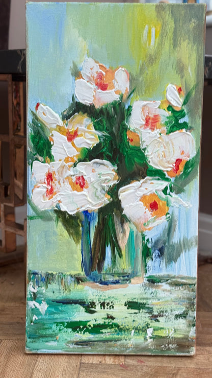 Oka Contemporary Abstract Original Oil Painting on 30cm x 60cm canvas textured White Roses floral love